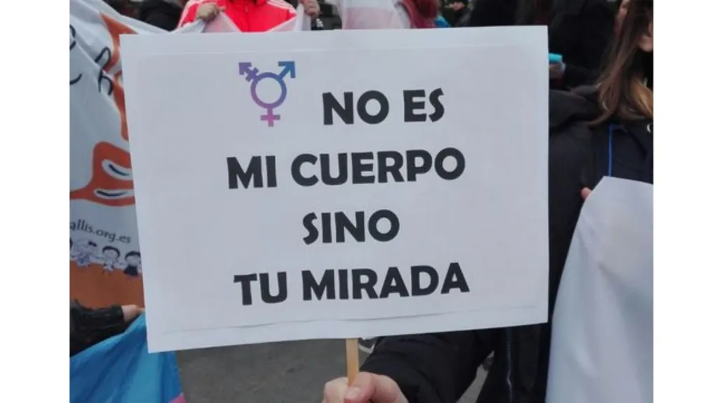 Pancarta en una marcha en la cual se lee "no es mi cuerpo sino tu mirada"