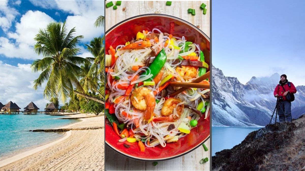playa, montaña y comida